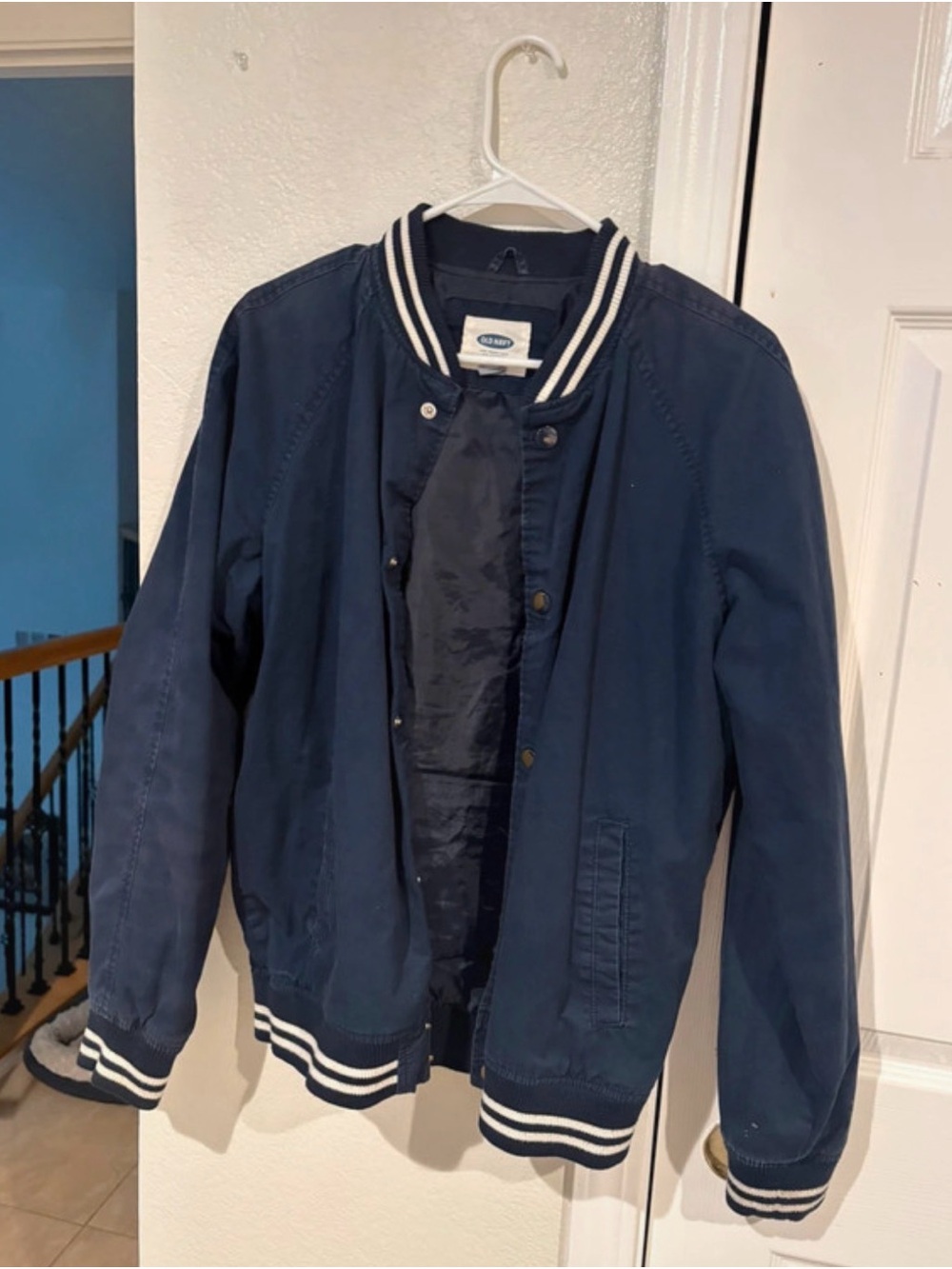 Old Navy Navy Blue Varsity Bomber Jacket with Stripe Trim